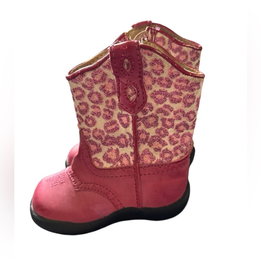 Roper Infant Cowgirl Cowbaby Boots Sz 3 Leopard Sparkle Faux Leather Upper Zip